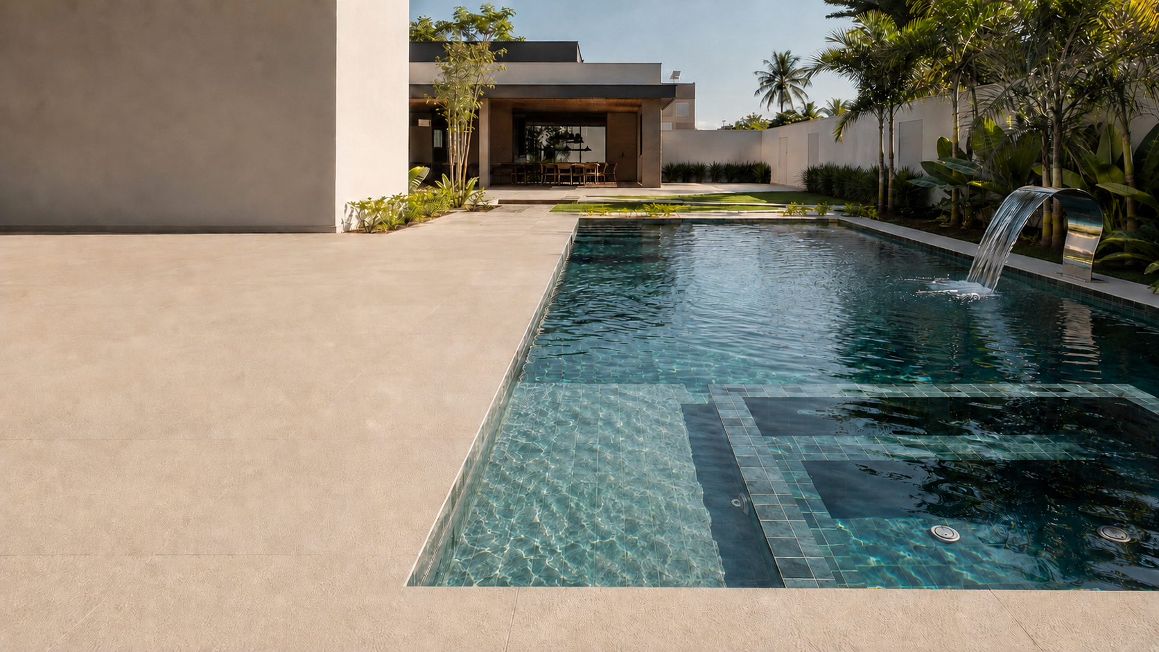 Projeto conceitual de piscina residencial contemporânea com prainha, cascata e dispositivos premium em inox